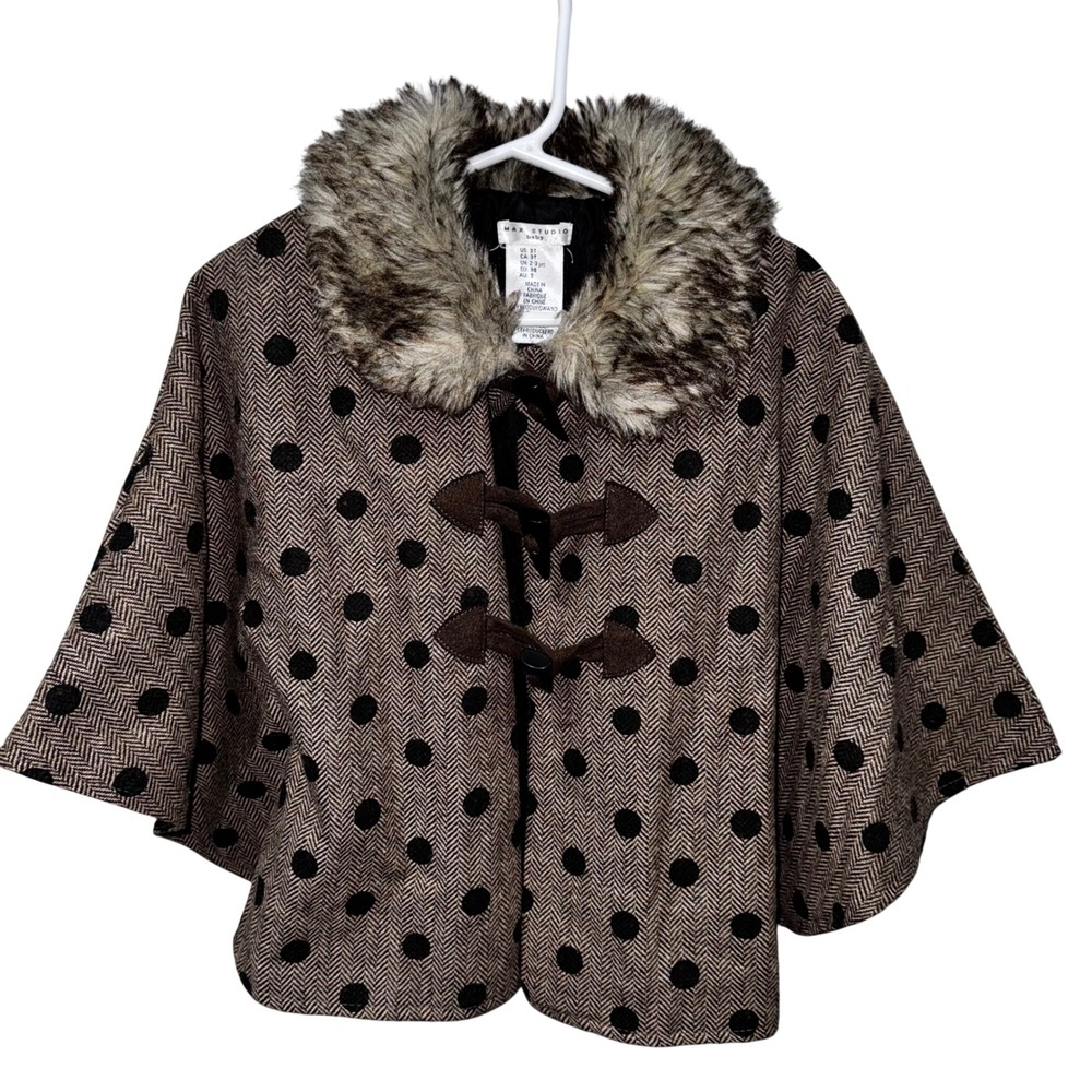 Max Studio‎ Baby Girl Herringbone Polka Dot Faux Fur Collar Cape Brown Black 3T